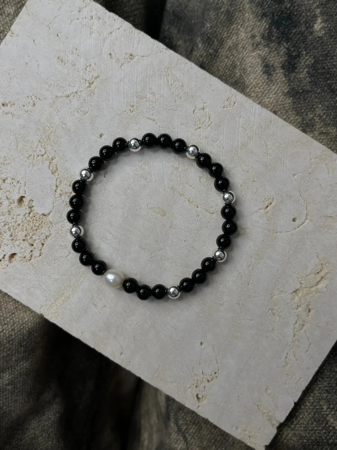Black Onyx Silver Bead Bracelet