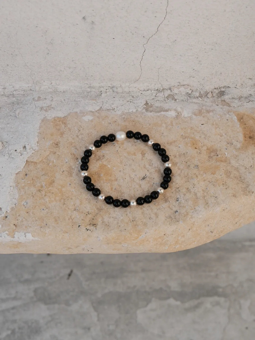 Black Onyx Silver Bead Bracelet