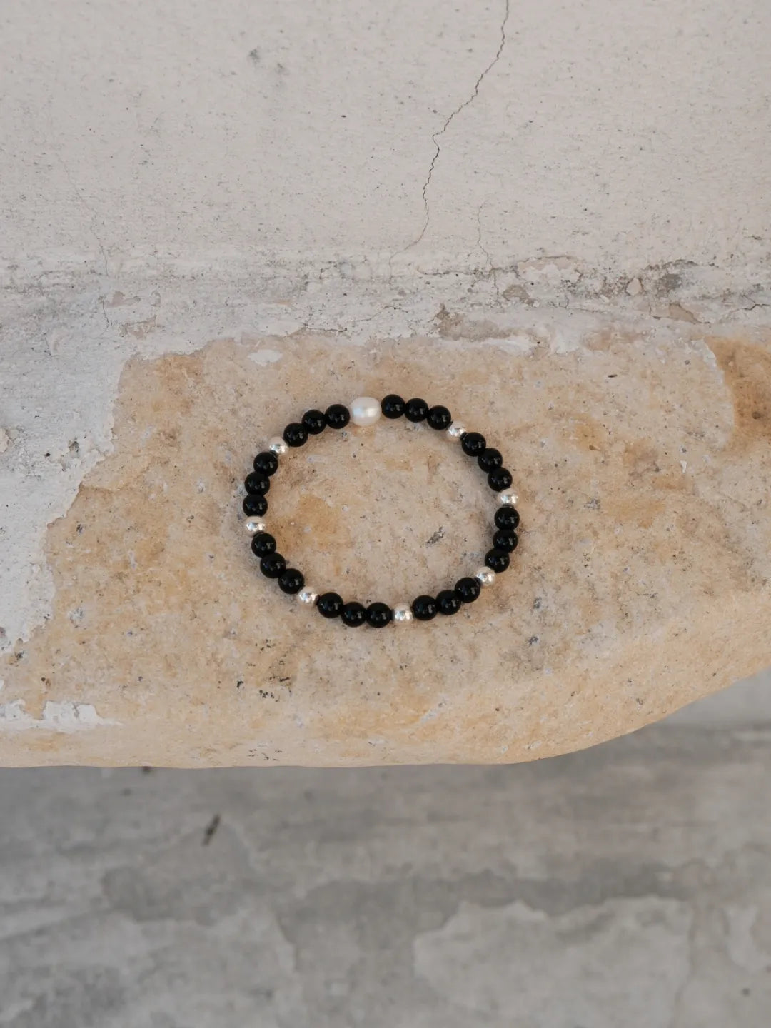 Black Onyx Silver Bead Bracelet