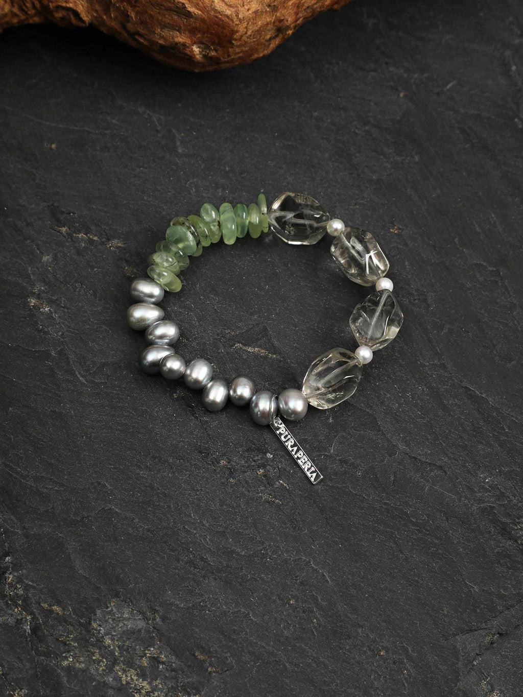 Green Quartz Prehnite Pearl Silver Bracelet