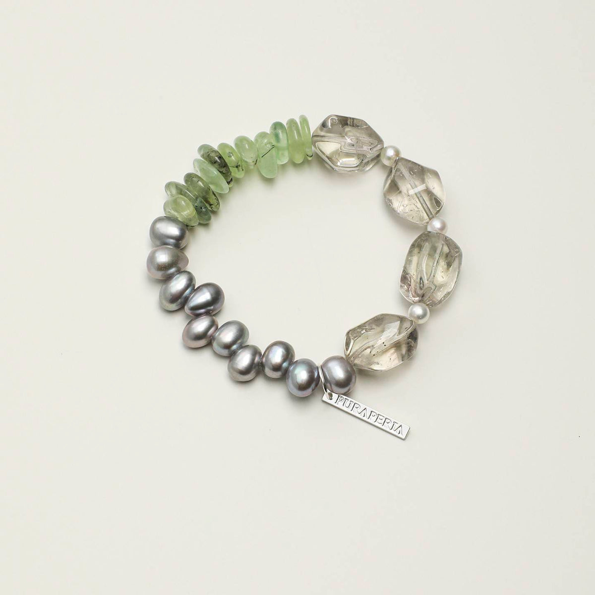 Green Quartz Prehnite Pearl Silver Bracelet