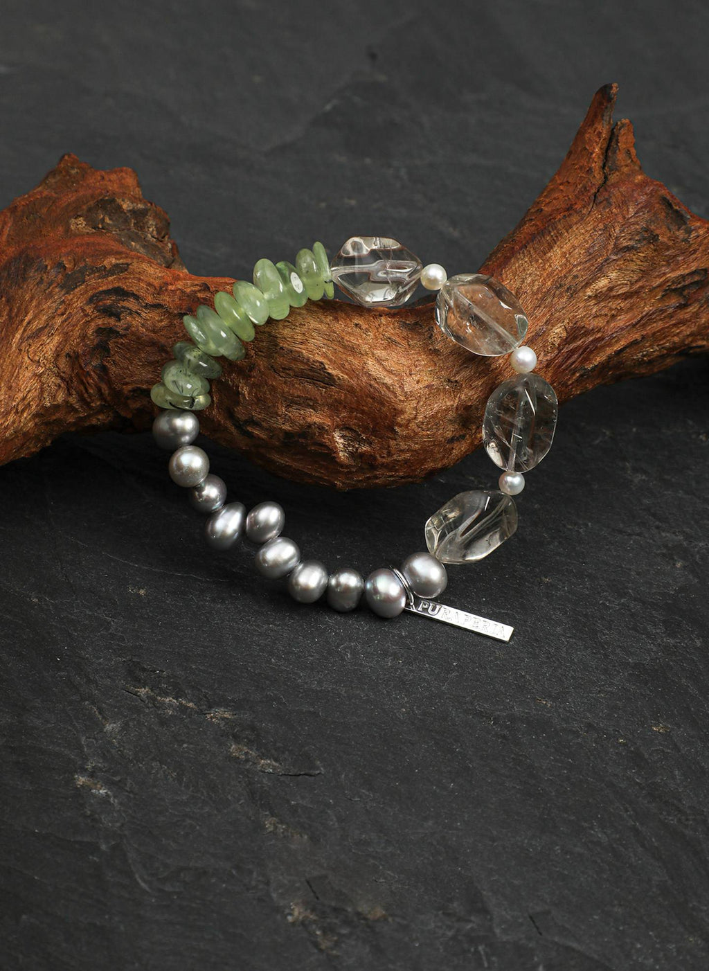 Green Quartz Prehnite Pearl Silver Bracelet