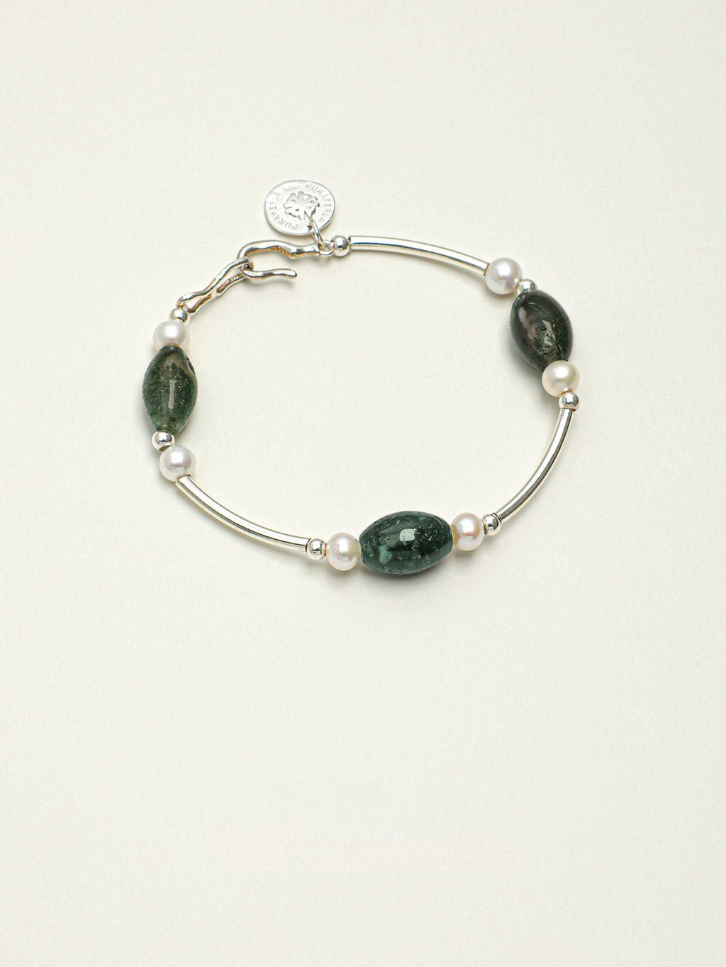 Moss Agate Freshwater Pearl Silver Bracelet