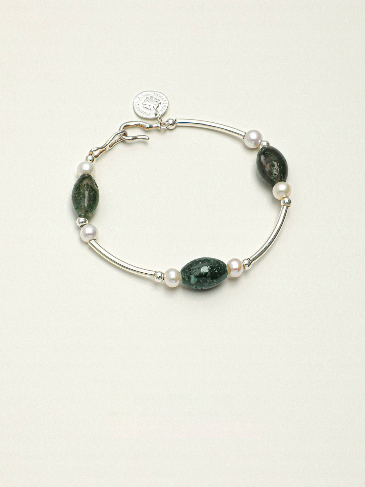 Moss Agate Freshwater Pearl Silver Bracelet