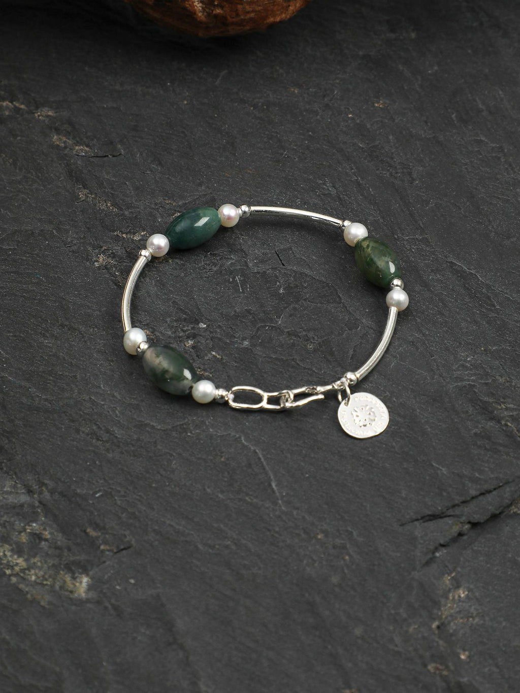 Moss Agate Freshwater Pearl Silver Bracelet