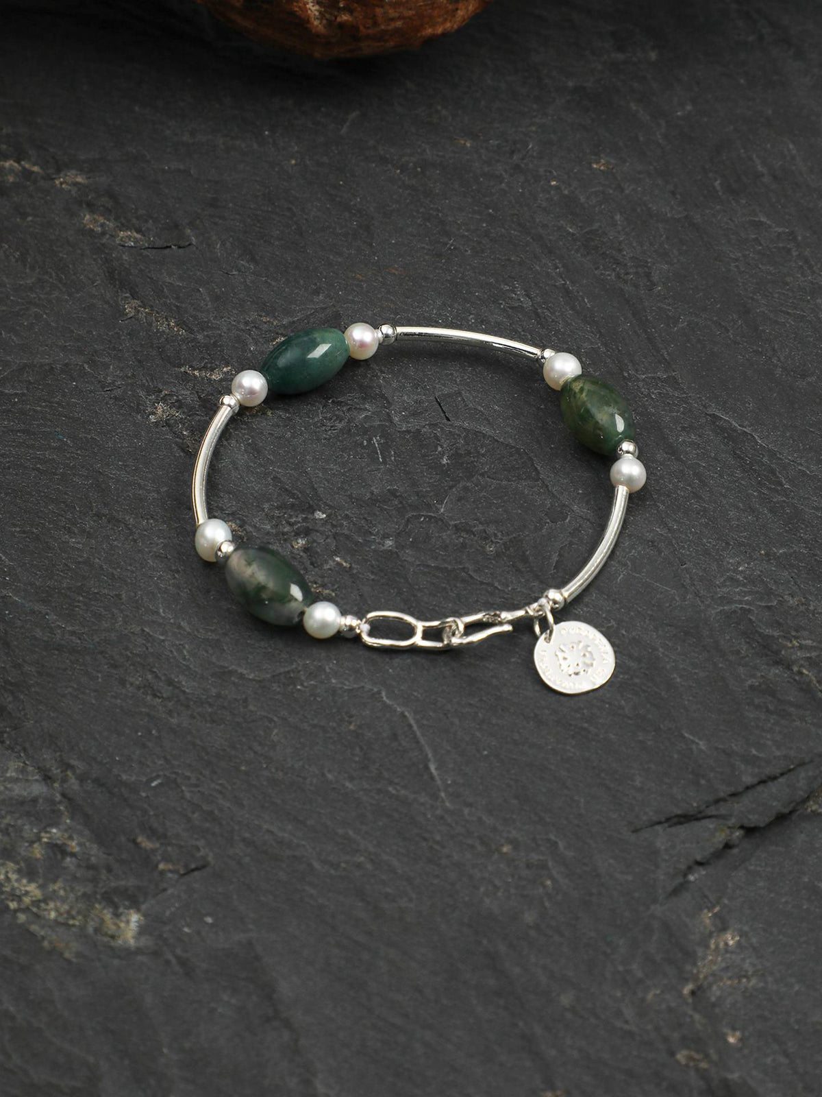 Moss Agate Freshwater Pearl Silver Bracelet