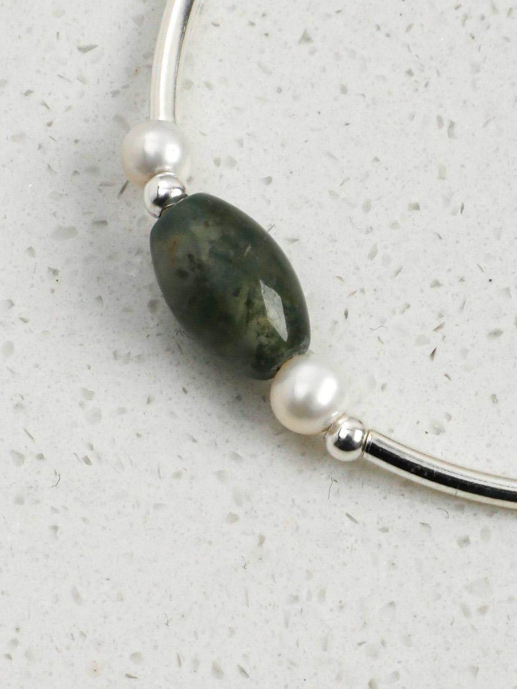 Moss Agate Freshwater Pearl Silver Bracelet