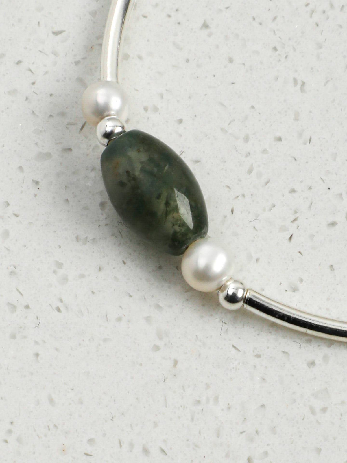 Moss Agate Freshwater Pearl Silver Bracelet