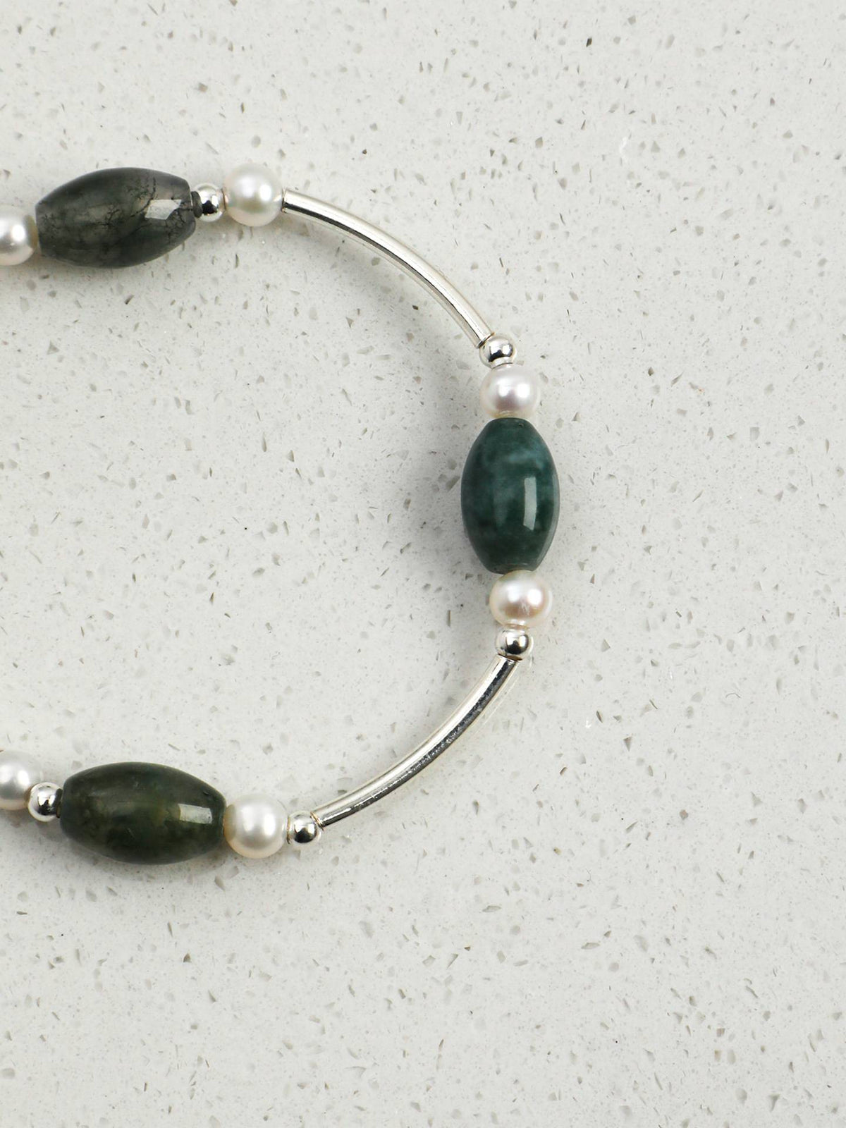 Moss Agate Freshwater Pearl Silver Bracelet