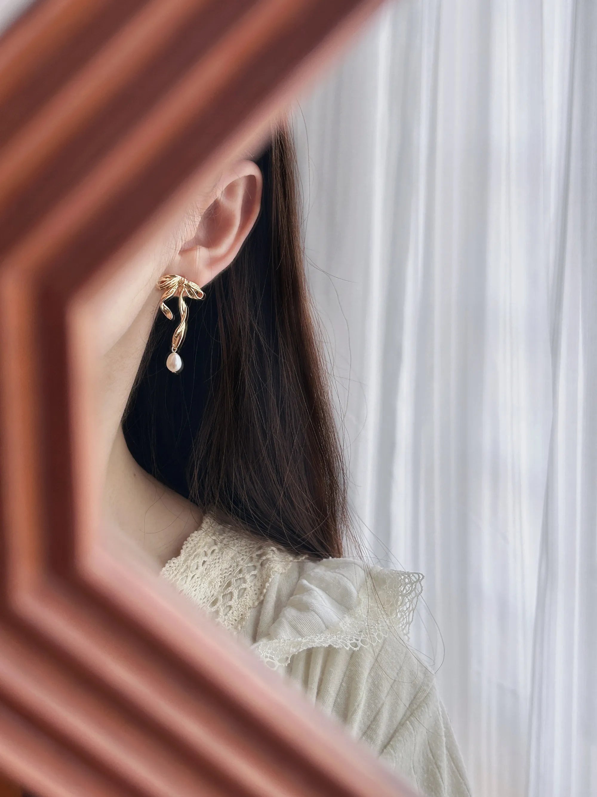 Ribbon Bow Pearl Earrings