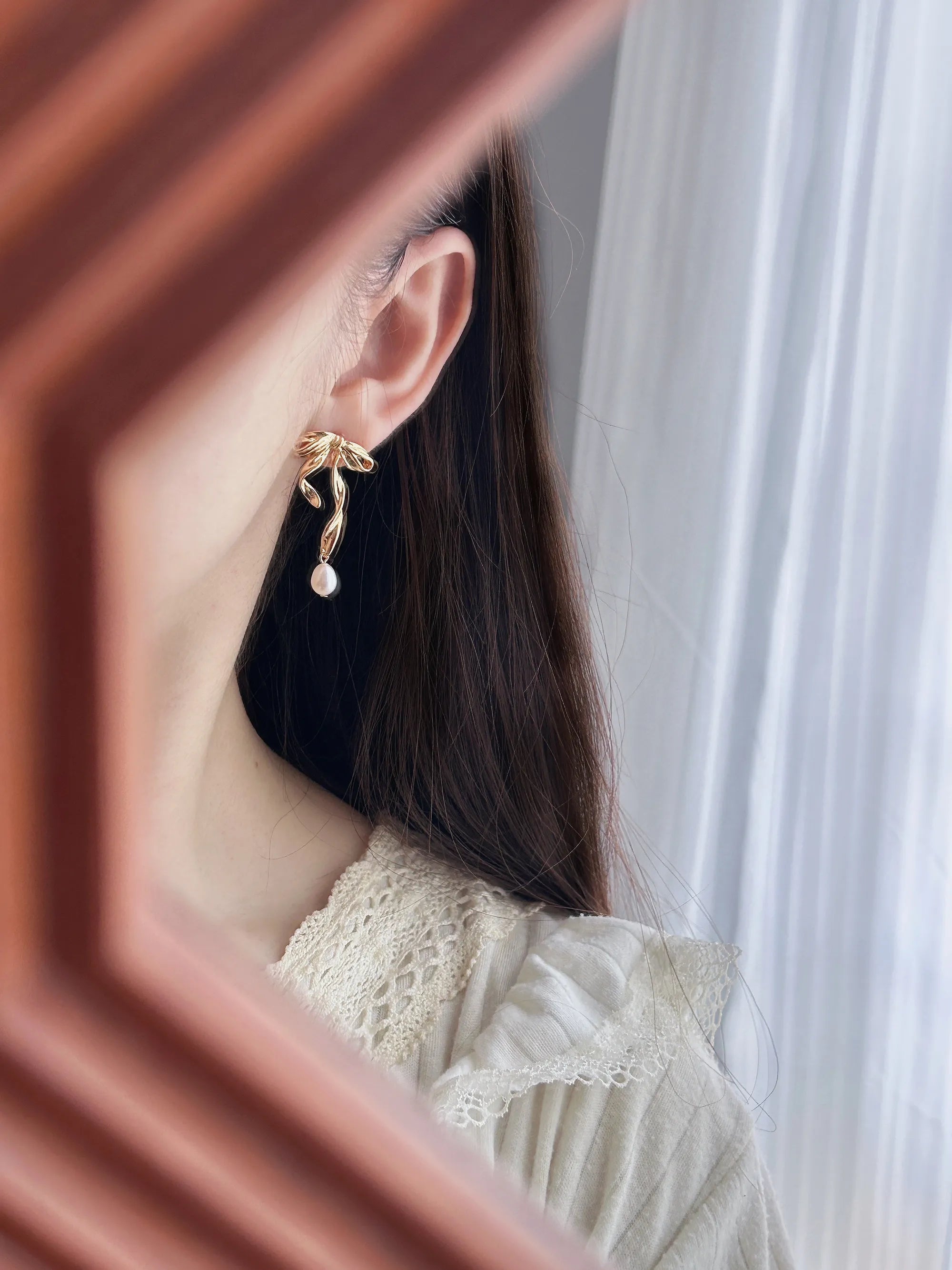 Ribbon Bow Pearl Earrings