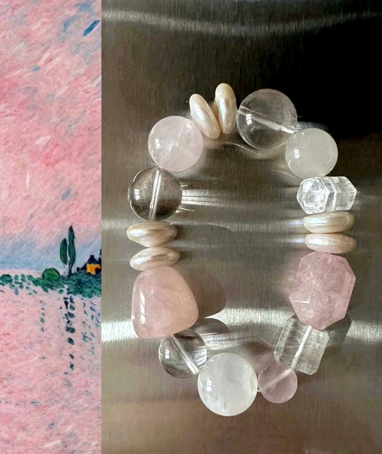 Rose Quartz Crystal Baroque Pearl Bracelet